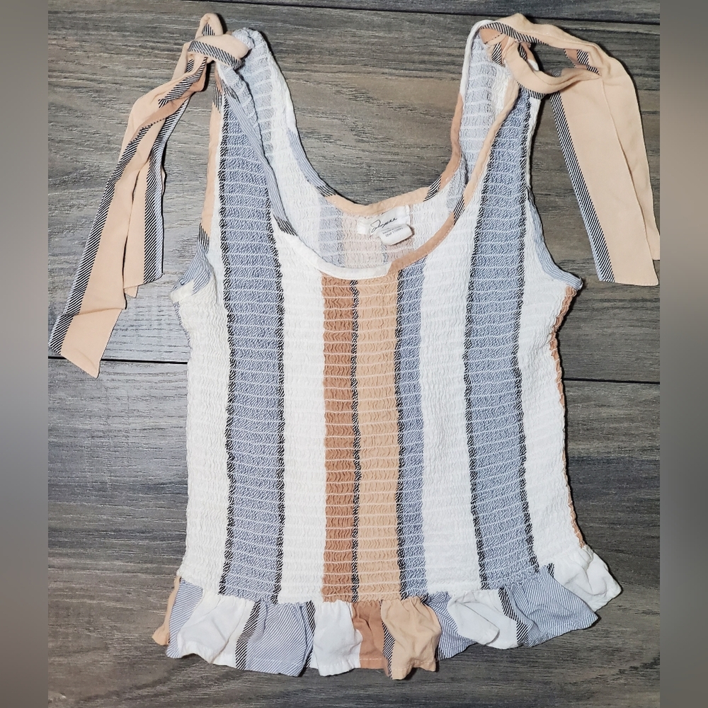Japna Striped Smocked Sleeveless Top with Tie Straps - Small